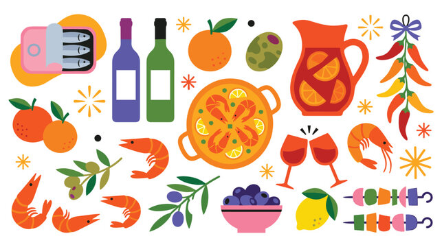 Spanish tapas and paella feast with wine and fresh ingredients.