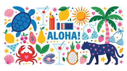 Summer vacation icons with aloha text and tropical island items. © NAZMA