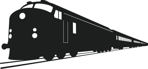 Silhouette train illustration, long passenger railway, vintage locomotive design, transportation graphic, fast moving railroad vehicle, travel concept artwork, classic train engine © Mst