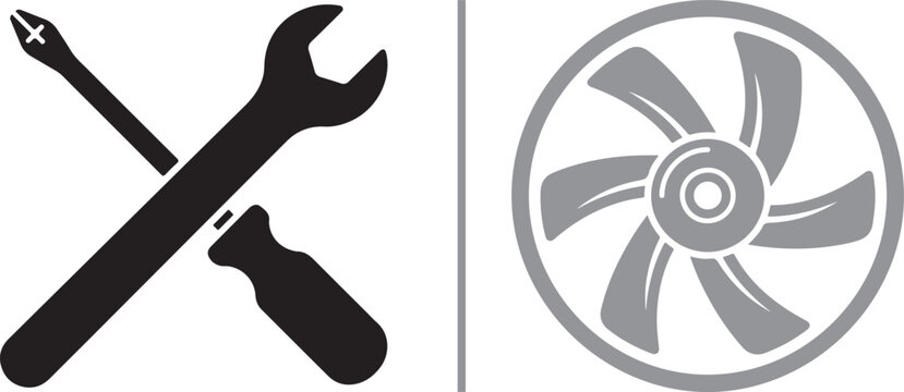 Crossed screwdriver and wrench with cooling fan vector icons for maintenance repair and technical service