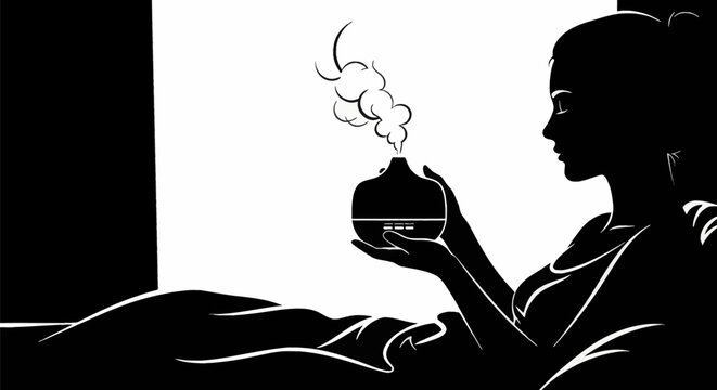 Black and white silhouette vector illustration of a woman sitting in bed holding a small aromatherapy diffuser with steam rising, representing wellness, sleep, and relaxation.