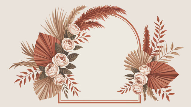 Elegant floral arrangement with peacock feathers and roses in a decorative frame