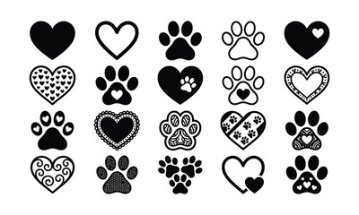 Black silhouette heart and paw print designs animal love symbols © Maidul islam