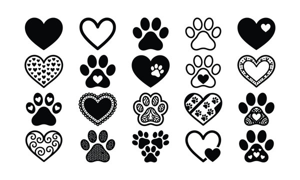 Black silhouette heart and paw print designs animal love symbols