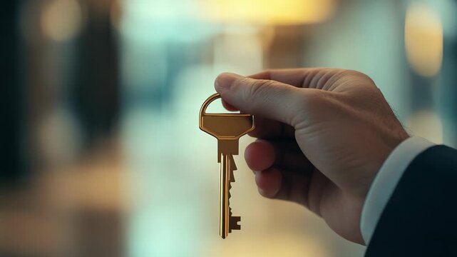 A person holds a key in a well-lit hotel hallway. The focus is on the key as the individual prepares to open a door. Morning light fills the space, enhancing the moment