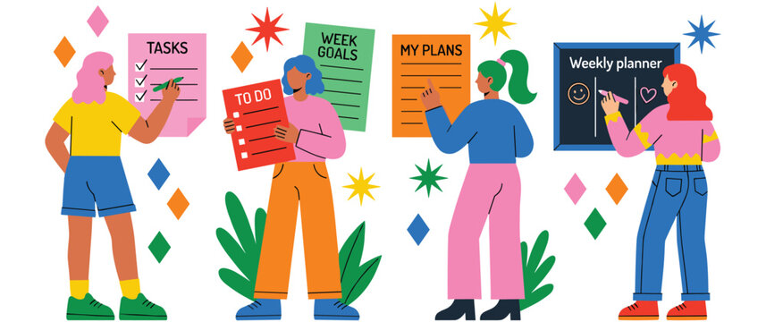 People planning their schedule using sticky notes and digital tools.