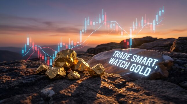 Gold nuggets, trading charts, rocky landscape