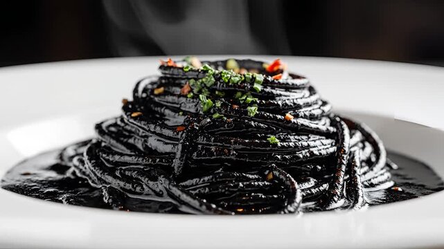 Delicious Black Spaghetti with Squid Ink Sauce and Garnish.