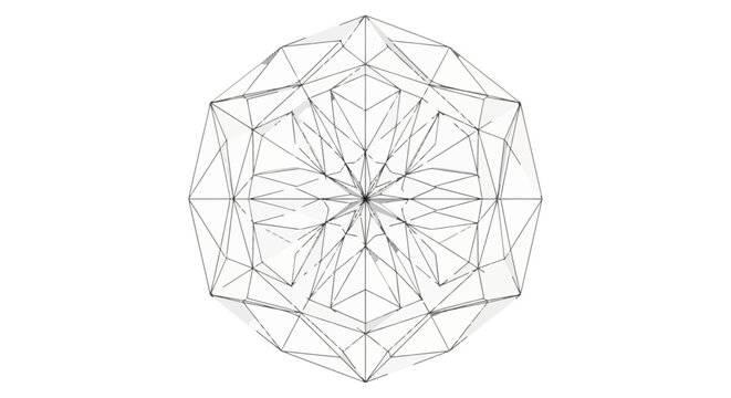 Black line art radial symmetry pattern featuring ten-fold rotational geometric polygons, intricate triangular facets, and crystalline structural design on a white background.