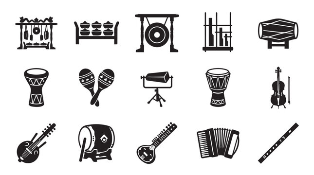 Traditional musical instruments vector icon set, Indonesian gamelan and world ethnic folk music culture objects collection black silhouette isolated on white background