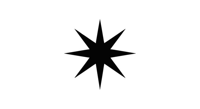 Black eight-pointed star vector illustration with sharp tapered points and radial symmetry, isolated on a plain white background for minimalist graphic design and geometric patterns.