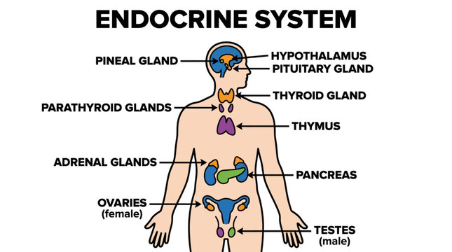 Detailed diagram of the endocrine system within a human body, showcasing the location and names of various glands using a simple, graphic, and educational approach for anatomy and health edu