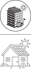 Fototapeta premium Solar energy icons featuring building and house with rooftop panels sun and electricity symbols for renewable power and green technology concepts