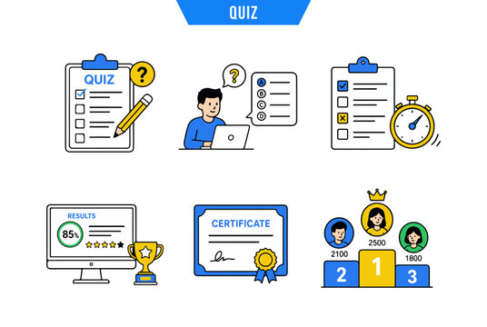Quiz Education Icons Collection With Online Test Results And Certification Elements. Interactive Quiz Illustration Set Featuring Assessment Checklist Leaderboard And Learning Symbols
