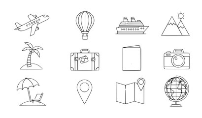 Fototapeta premium Travel icons set airplane cruise ship hot air balloon and vacation elements line art collection