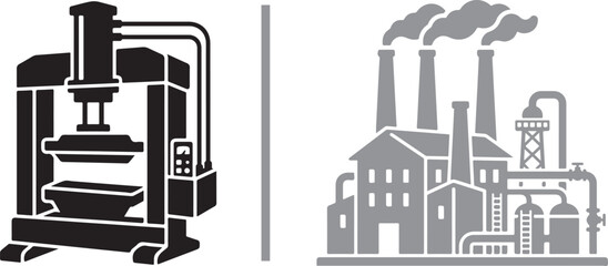 Fototapeta premium Industrial factory and hydraulic press machine vector icons for manufacturing and heavy engineering production