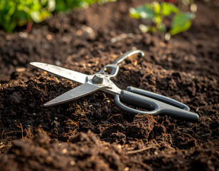 Obraz premium Garden shears resting on freshly tilled soil in a garden bed tool for pruning