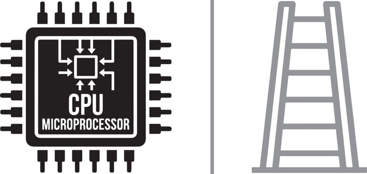 CPU microprocessor icon and ladder vector graphic with computer chip symbol and step ladder outline for technology and career growth