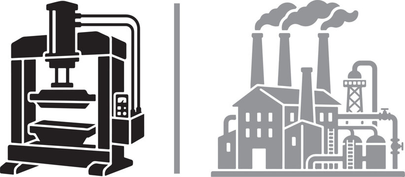 Industrial factory and hydraulic press machine vector icons for manufacturing and heavy engineering production
