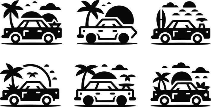 Beach trip car vector icon set palm tree sun surfboard