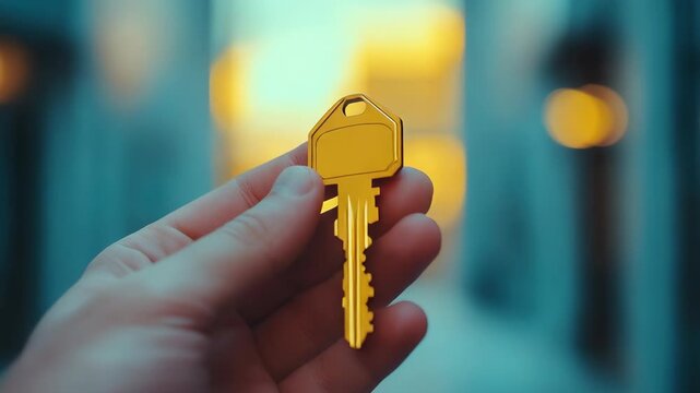 A hand presents a shiny golden key in a city setting. The background shows buildings blurred against a warm sunset glow. The focus remains on the key in the palm