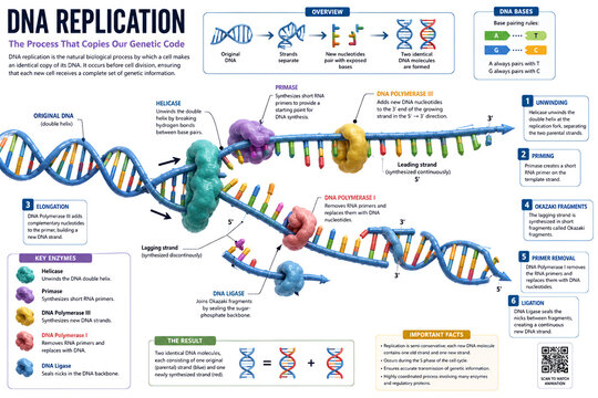 3D DNA Replication Infographic Showing Genetic Copying and Enzyme Functions