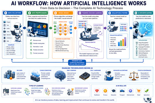 3D AI Workflow Infographic Showing Machine Learning and Data Processing