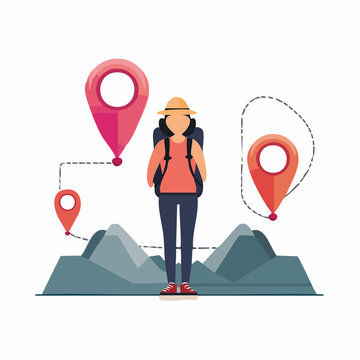 Traveler with backpack and map pins on mountain landscape