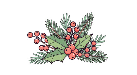 Fototapeta premium Hand-drawn Christmas Holly and Pine Sprig Decoration.