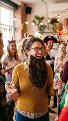 Obraz premium Woman wearing fake beard and laughing at a festive party indoors 