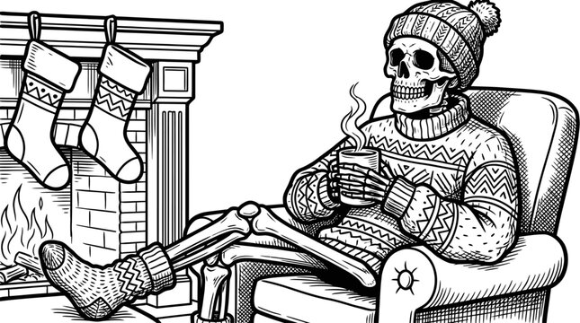 Skeleton sitting by fireplace relaxing.
