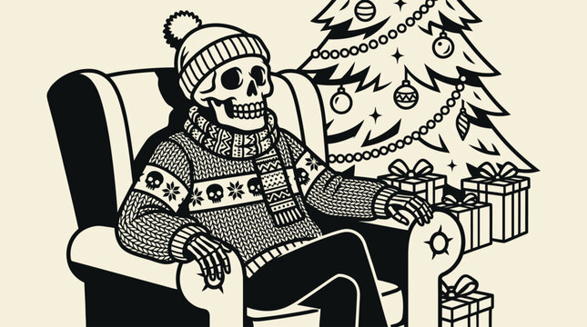 Skeleton wearing winter clothing sitting.