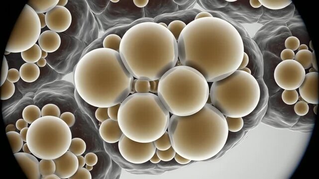 Liver cells accumulating fat droplets, gradual buildup inside cells