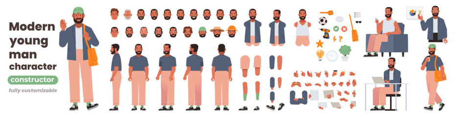 Fototapeta na wymiar Modern young man character constructor. Set of different emotions, positions of arms, legs, and head, ready made scenes for creating illustrations and animations. DIY kit. Flat vector illustration