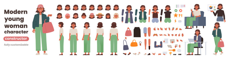 Fototapeta na wymiar Modern young woman character constructor. Set of different emotions, positions of arms, legs and head, ready made scenes for creating illustrations and animations. DIY kit. Flat vector illustration