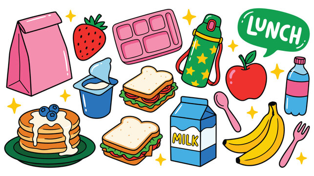 School lunch items set with sandwiches, fruit, and drink.
