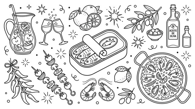 Traditional spanish food and drink doodle set illustration.