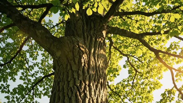 Mature green ash trunk rising into bright leafy canopy, rough textured bark and spreading branches illuminated by dappled summer sunlight in quiet forest with upward natural perspective view