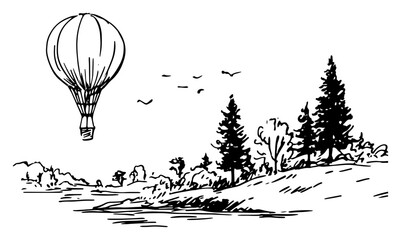 Hot air balloon flying over coniferous forest and landscape in sketch style © Celestynka