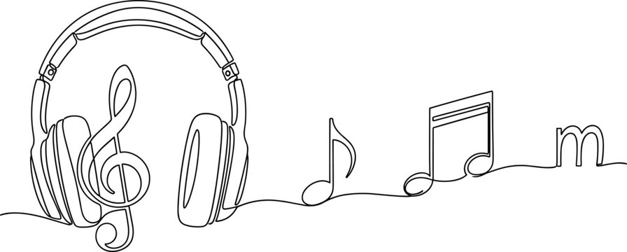 Continuous line drawing of headphones with treble clef, musical notes, minimalist sound art, abstract vector illustration design