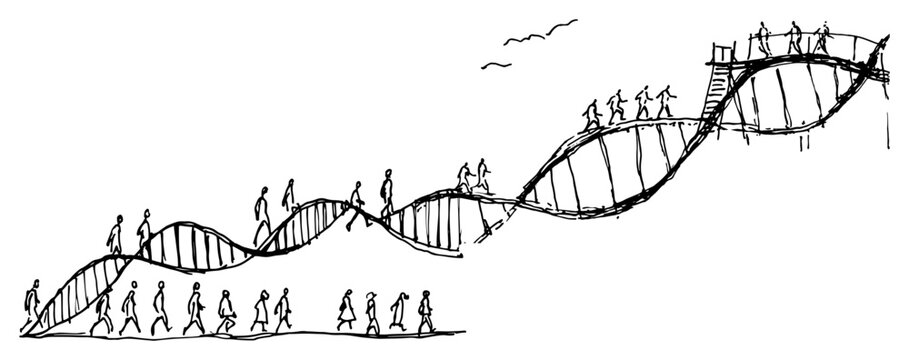 People walking on DNA helix bridge representing evolution and genetics in ink sketch style