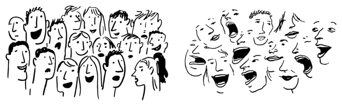 Crowd of diverse human faces talking and shouting in expressive line art style