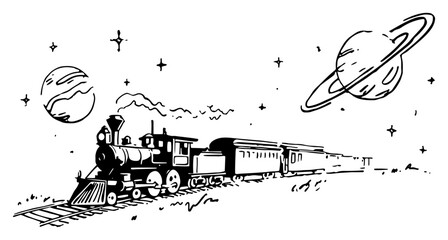 Steam train traveling through space among planets and stars in minimalist sketch style © Celestynka
