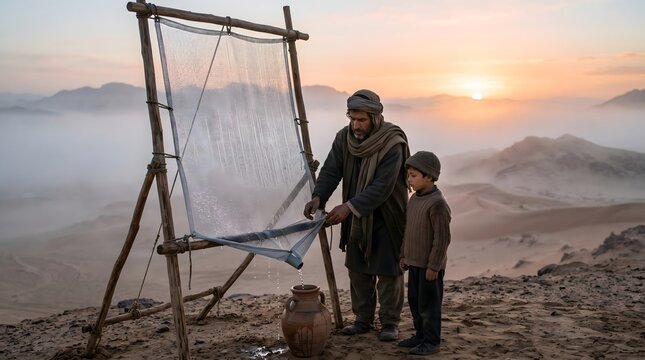 Happy Father's Day Grandfather and Grandson Collecting Water Desert Sunset