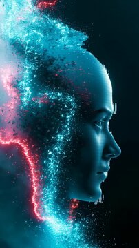 Cybersecurity identity theft concept with a digital pixelated face dissolving into code particles vertical