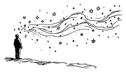 Human silhouette under cosmic flow of stars representing creativity or dreaming sketch style © Celestynka