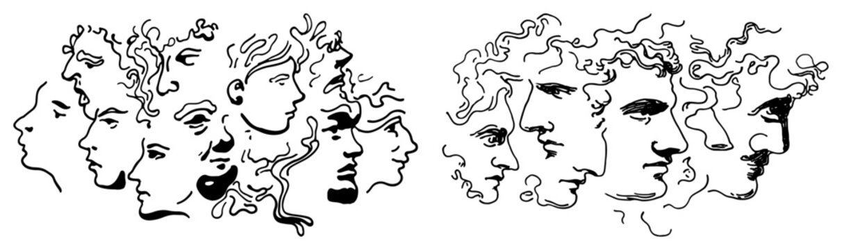 Classical statue faces and human portraits cluster in minimalist line art style