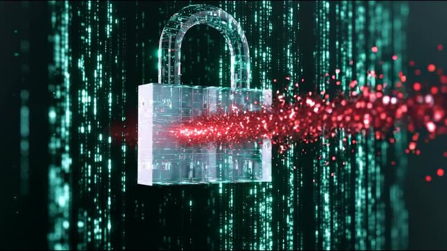 Cybersecurity infrastructure data streams with a glitching holographic padlock icon concept