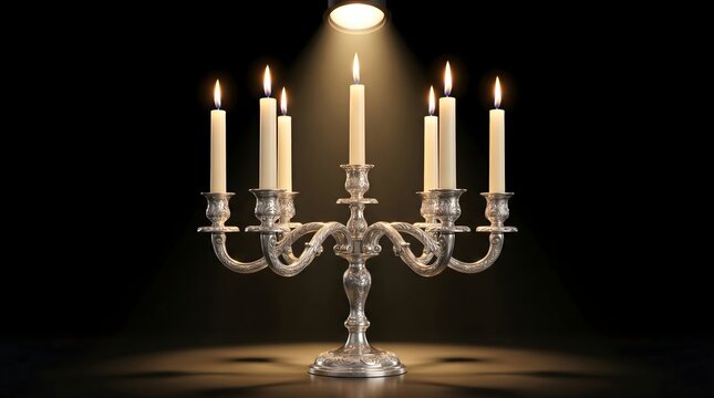 Elegant silver candelabra with burning taper candles under a dramatic spotlight. Luxury antique candle holder centerpiece for fine dining and classic interior decor isolated on black background