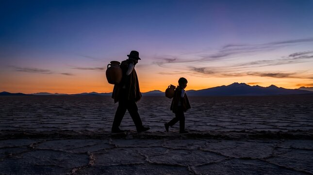 Happy Father's Day Father and Son Walking Salt Flat at Sunset Silhouette